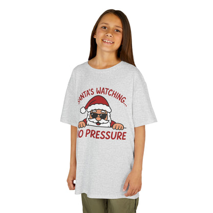 Santa's Watching No Pressure Kids Christmas T-Shirt, Funny Holiday Tee for Youth