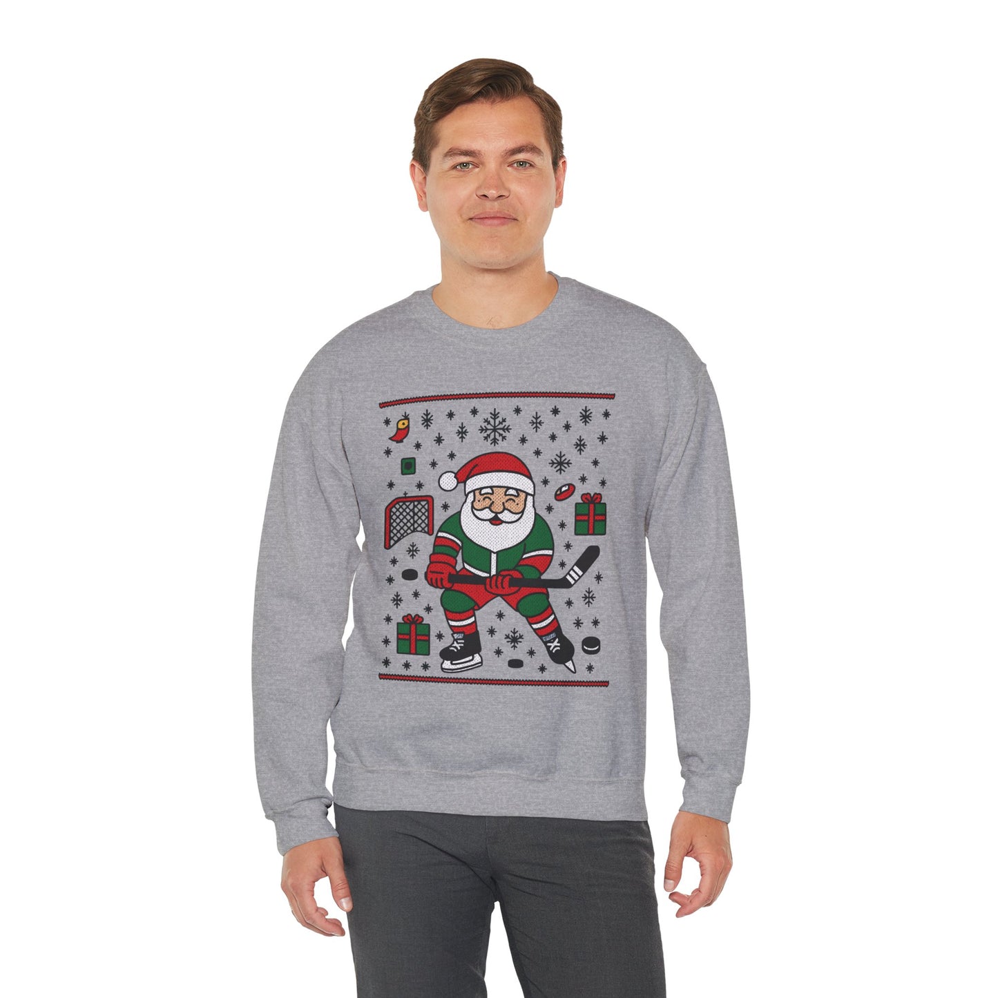 Hockey Santa Men's Christmas Sweatshirt, Funny Sports Holiday Jumper