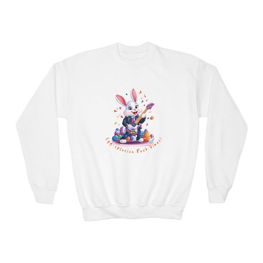 Cool Rocking Bunny Youth Crewneck Sweatshirt, Fun Easter Gift, Kid's Music Apparel, Spring Celebration Style, Cute Animal Sweatshirt