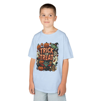Kids Trick or Treat T-Shirt, Halloween Graphic Tee with Pumpkins, Ghosts & Vampires, Fun Spooky Shirt for Children