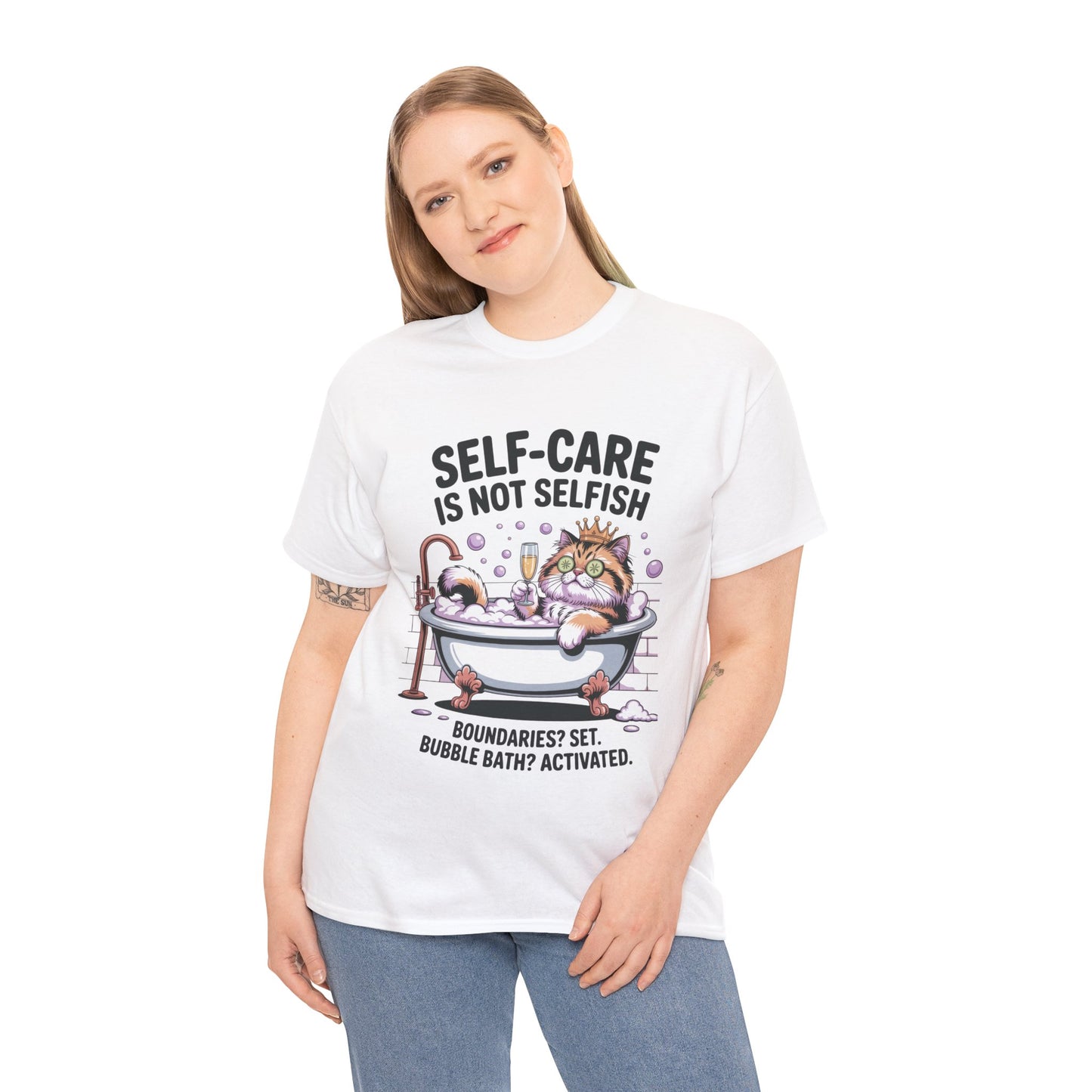 Womens Heavy Cotton Tee, Self-Care Cat Shirt, Funny Cat Bubble Bath Tee, Relaxing Kitty Graphic, Self Care Is Not Selfish Womens T-Shirt