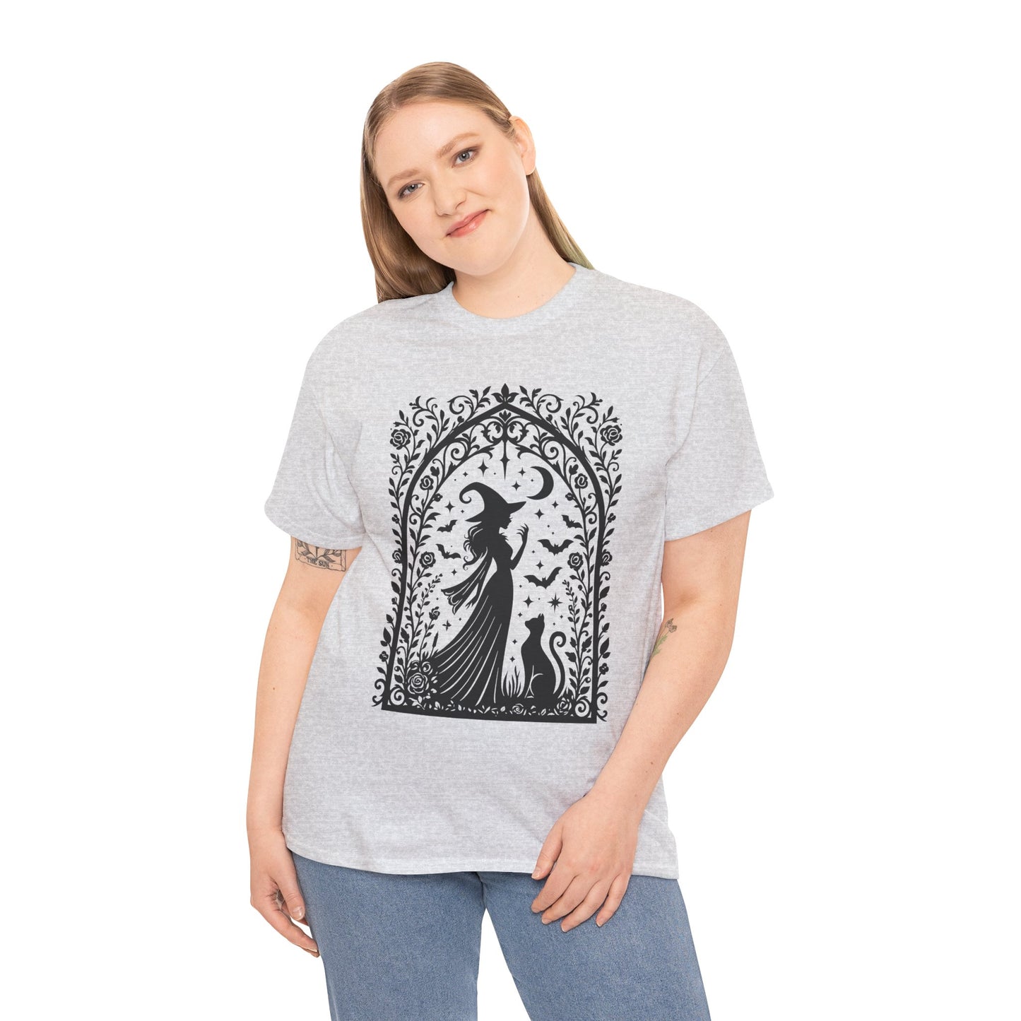 Gothic Witch & Cat Women's T-Shirt, Elegant Halloween Moon Silhouette Witchy Graphic Tee