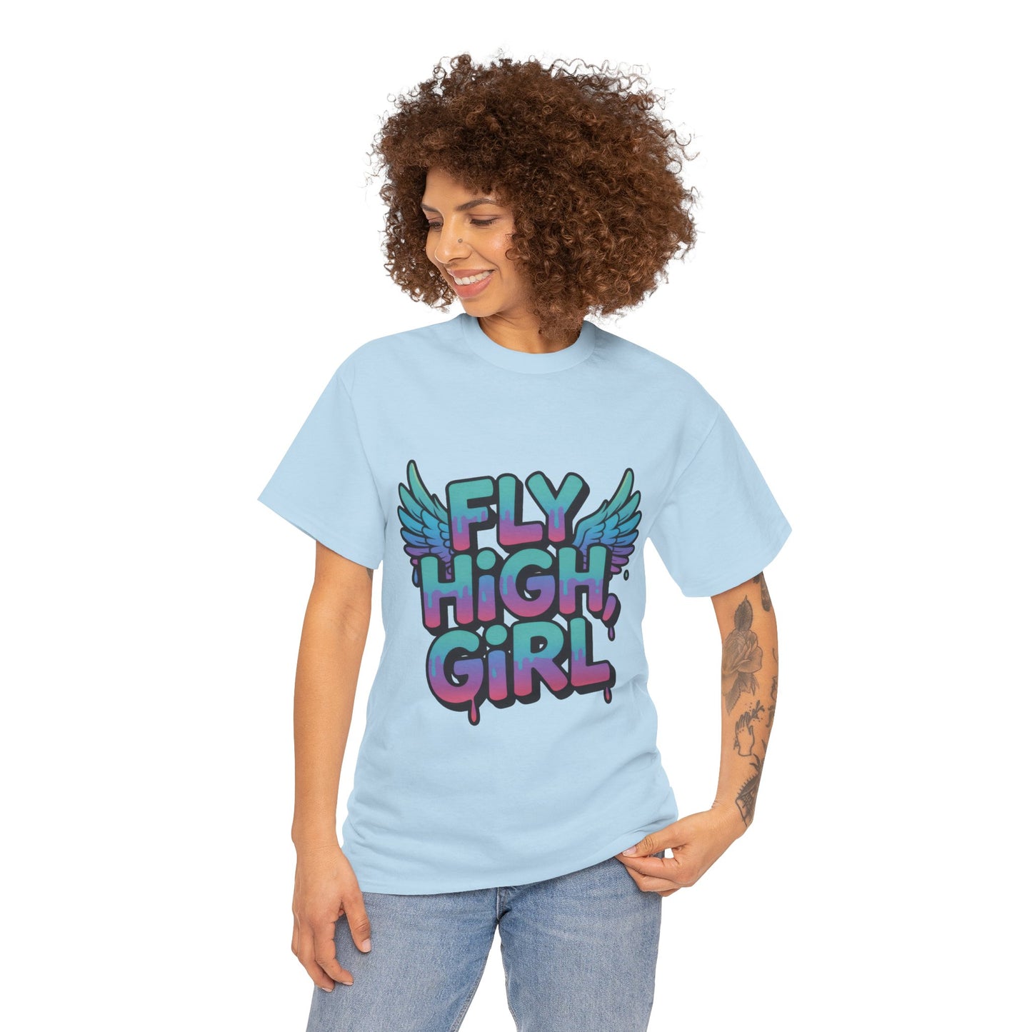 Womens Graphic Tee Fly High Girl, Angel Wings Graffiti Drip T-Shirt, Bold Streetwear Top