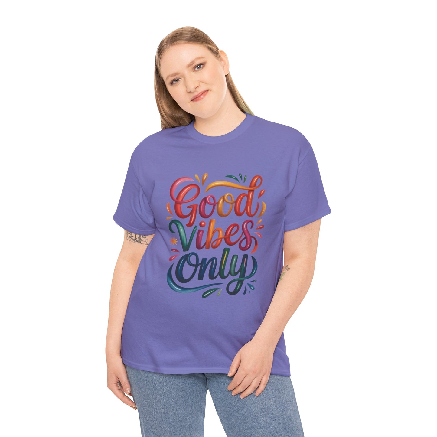 Good Vibes Only Womens Heavy Cotton Tee, Casual Wear, Gift for Friends, Relaxed Fit, Summer Style, Positive Affirmation Shirt