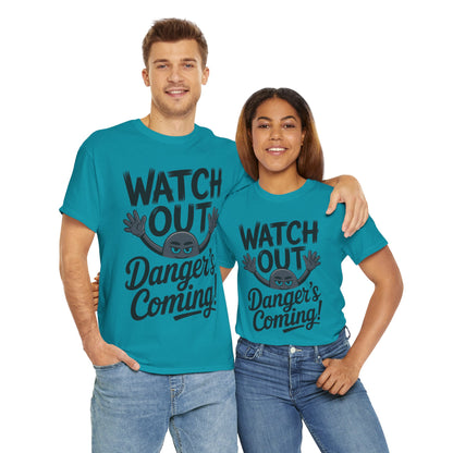 Funny "Watch Out" Cartoon Character T-Shirt, Sketch Style Unisex Heavy Cotton Tee, Minimalist Humorous Graphic Tee, Gift for Him/Her