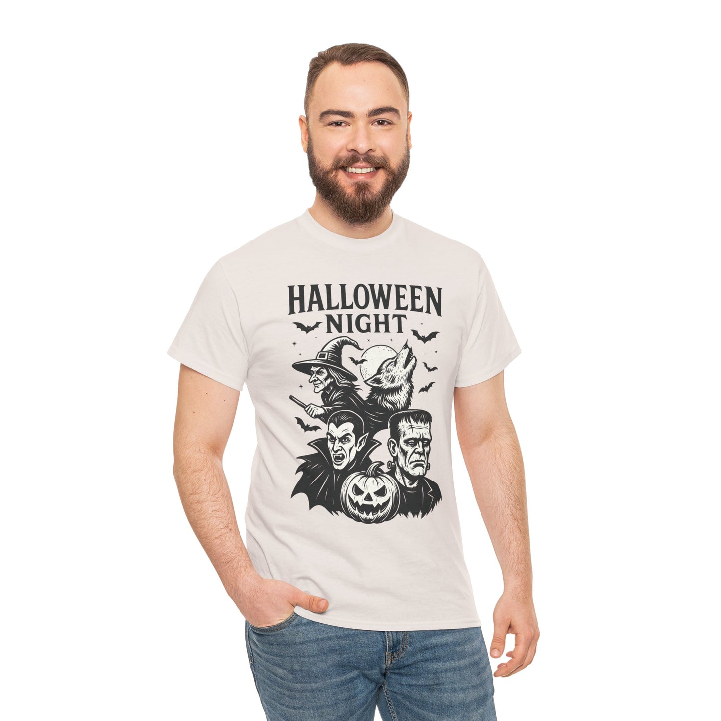 Halloween Night Men's T-Shirt, Classic Monsters Graphic Tee, Witch, Vampire, Frankenstein, Werewolf
