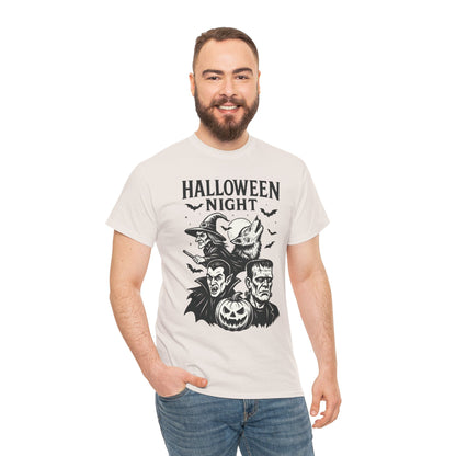 Halloween Night Men's T-Shirt, Classic Monsters Graphic Tee, Witch, Vampire, Frankenstein, Werewolf