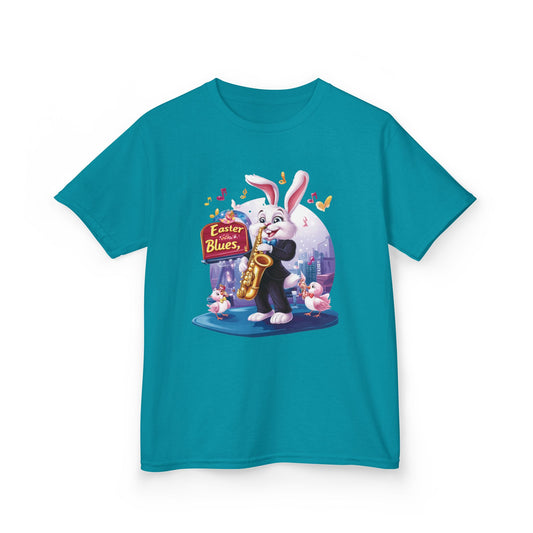 Easter Blues Bunny Kids T-Shirt - Cute Jazz Music Themed Tee for Boys and Girls, Fun Spring Gift, Bunny Playing Saxophone Design