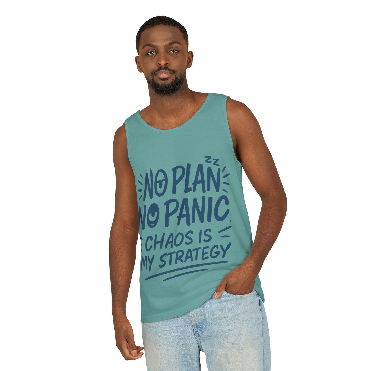 Funny Chaos Quote Mens Tank Top, No Plan No Panic Humor Shirt, Casual Graphic Tee Gift for Him, Relaxed Fit, Workout Gym Humor Shirt