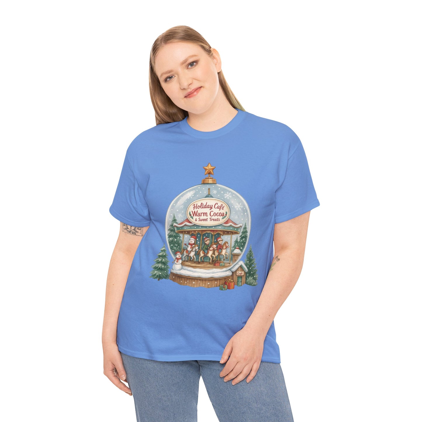 Holiday Café Christmas T-Shirt for Women, Warm Cocoa  Carousel Tee