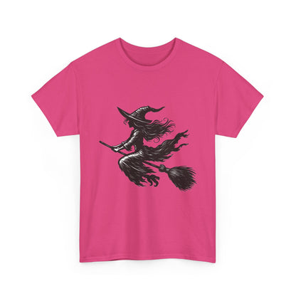 Flying Witch Silhouette Halloween T-Shirt for Women, Vintage Witch on Broom Tee, Spooky Gothic Fall Shirt, Minimal Black Witch Top