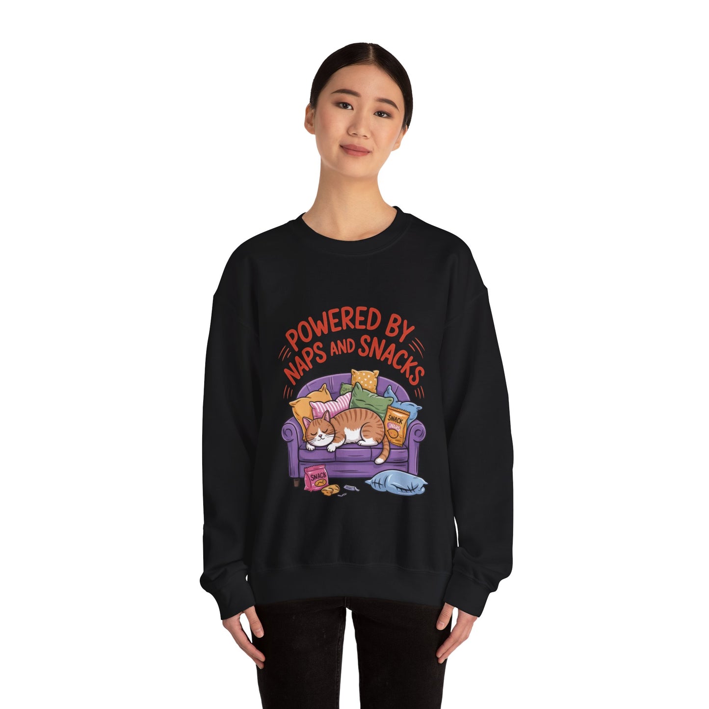 Powered by Naps and Snacks Sweatshirt, Cozy Lounge Crewneck, Gifts for Cat Lovers, Funny Cat Sweatshirt, Casual Everyday Wear