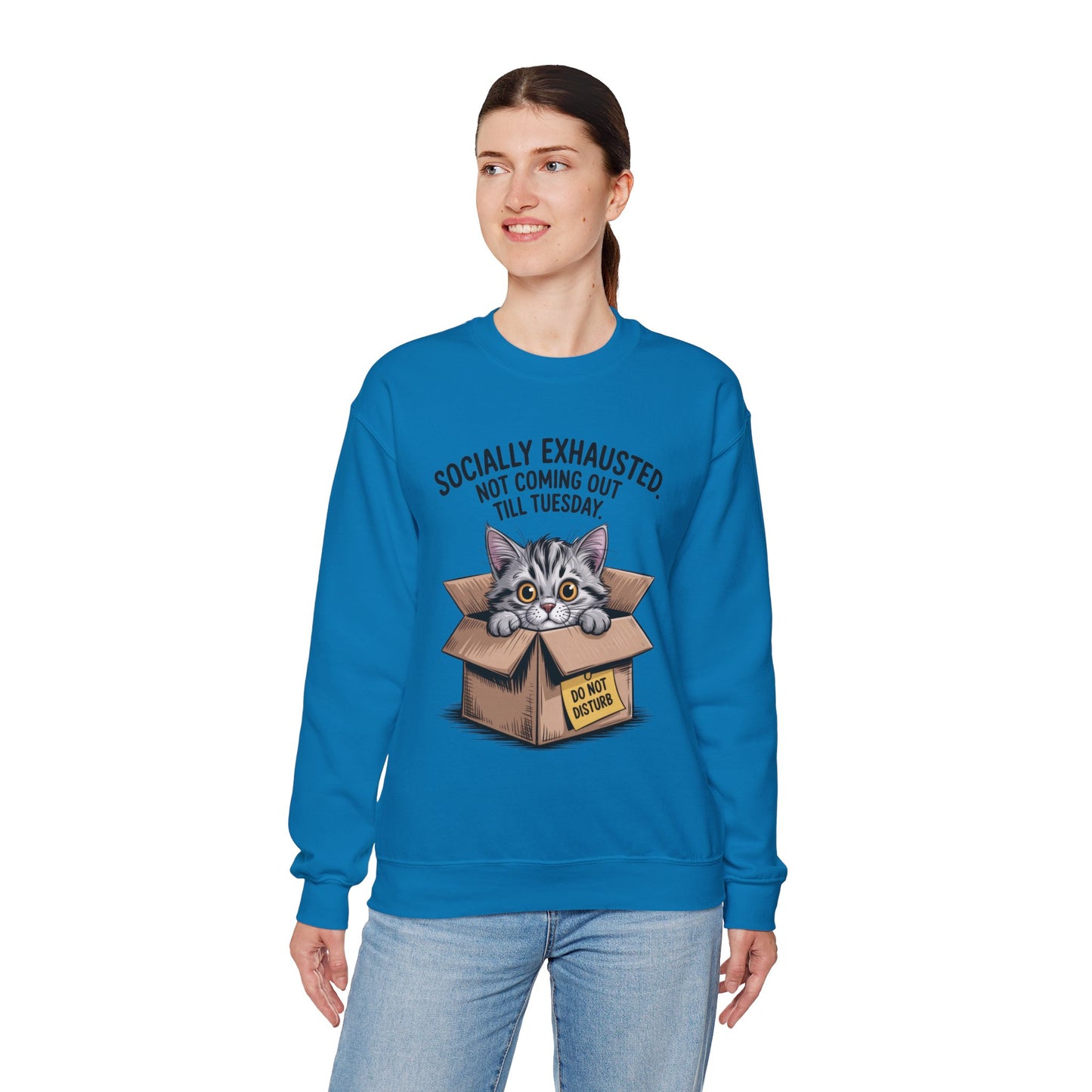 Socially Exhausted Cat Sweatshirt, Funny Cat Crewneck, Gift for Cat Lovers, Cozy Unisex Pullover, Weekend Comfort Apparel