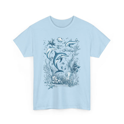 Ocean Life Dolphin T-Shirt, Women's Cotton Tee with Underwater Sea Creatures, Marine Nature Gift Shirt, Perfect for Beach Lovers