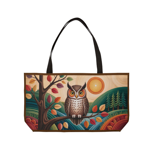 Owl Weekender Bag, Autumn Forest Art Tote, Large Travel Bag with Colorful Fall Leaves, Boho Woodland Gift, Boho Beach Bag