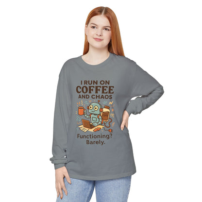 Coffee Chaos Long Sleeve Tee, Funny T-Shirt, Quirky Gift for Coffee Lovers, Unisex Top for Busy Lives, Work from Home Humor Tee