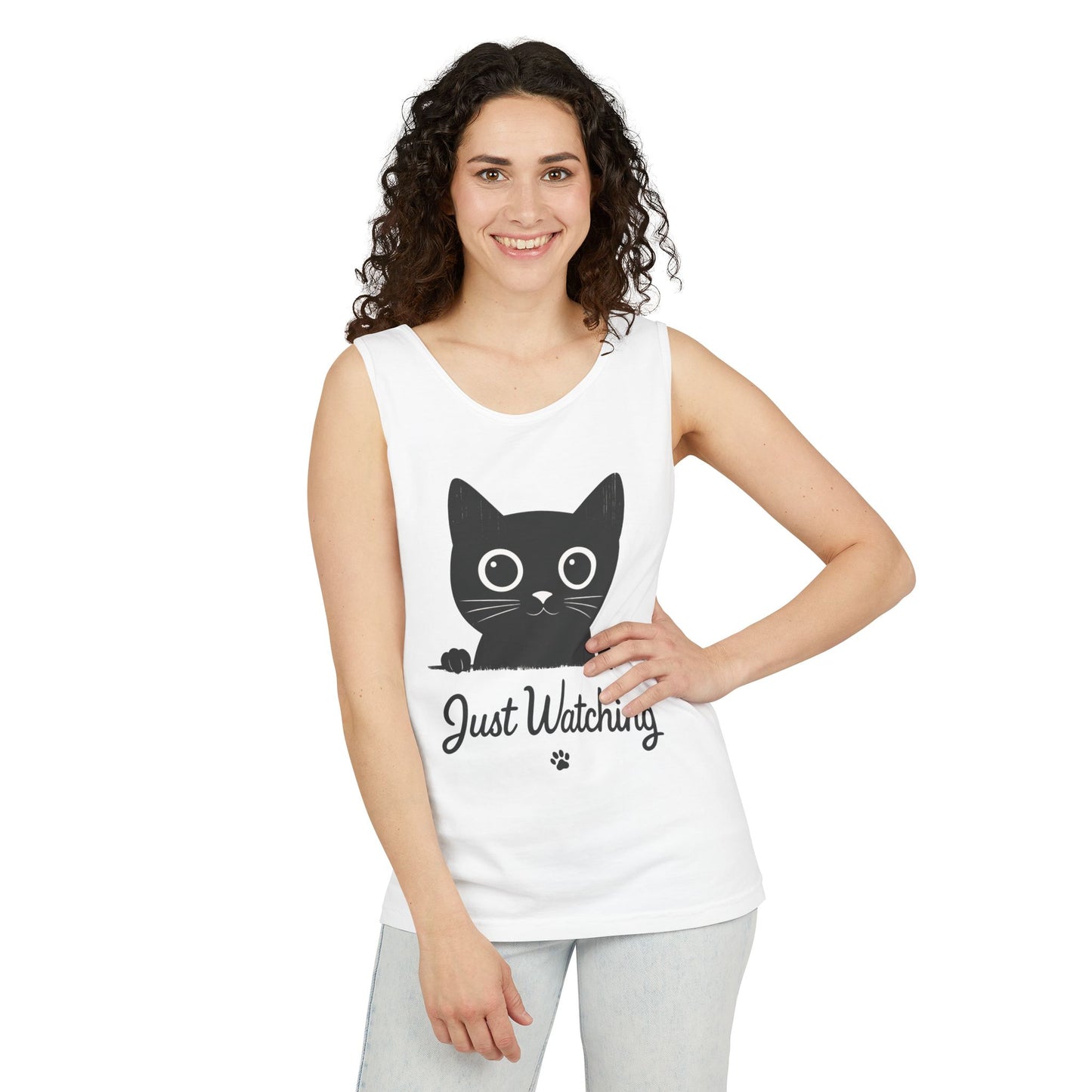Just Watching Cat Womens Tank Top - Cute Black Kitty Sleeveless Shirt - Funny Summer Cat Lover Gift, Summer Beach Wear, Pet Themed Apparel