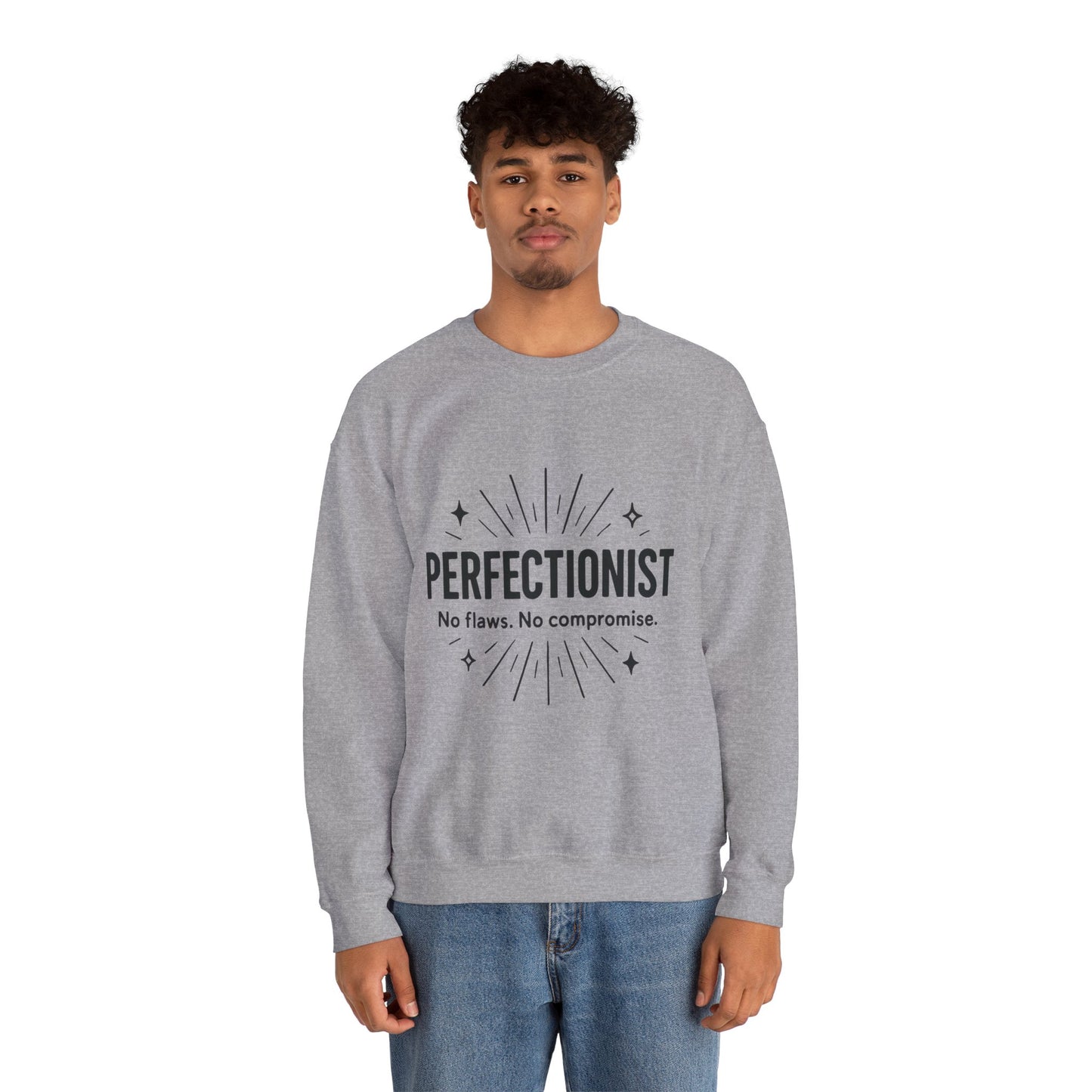 Men's Perfectionist Sweatshirt, Bold No Flaws No Compromise Design, Clean Look Funny Gift for Him, Minimal Black Graphic Pullover