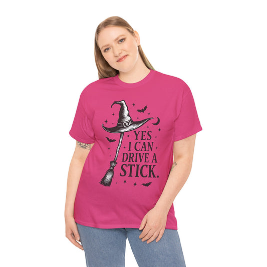 Yes I Can Drive a Stick Witch Hat Broom Halloween Women's T-Shirt, Funny Spooky Graphic Tee, Witch Shirt,
