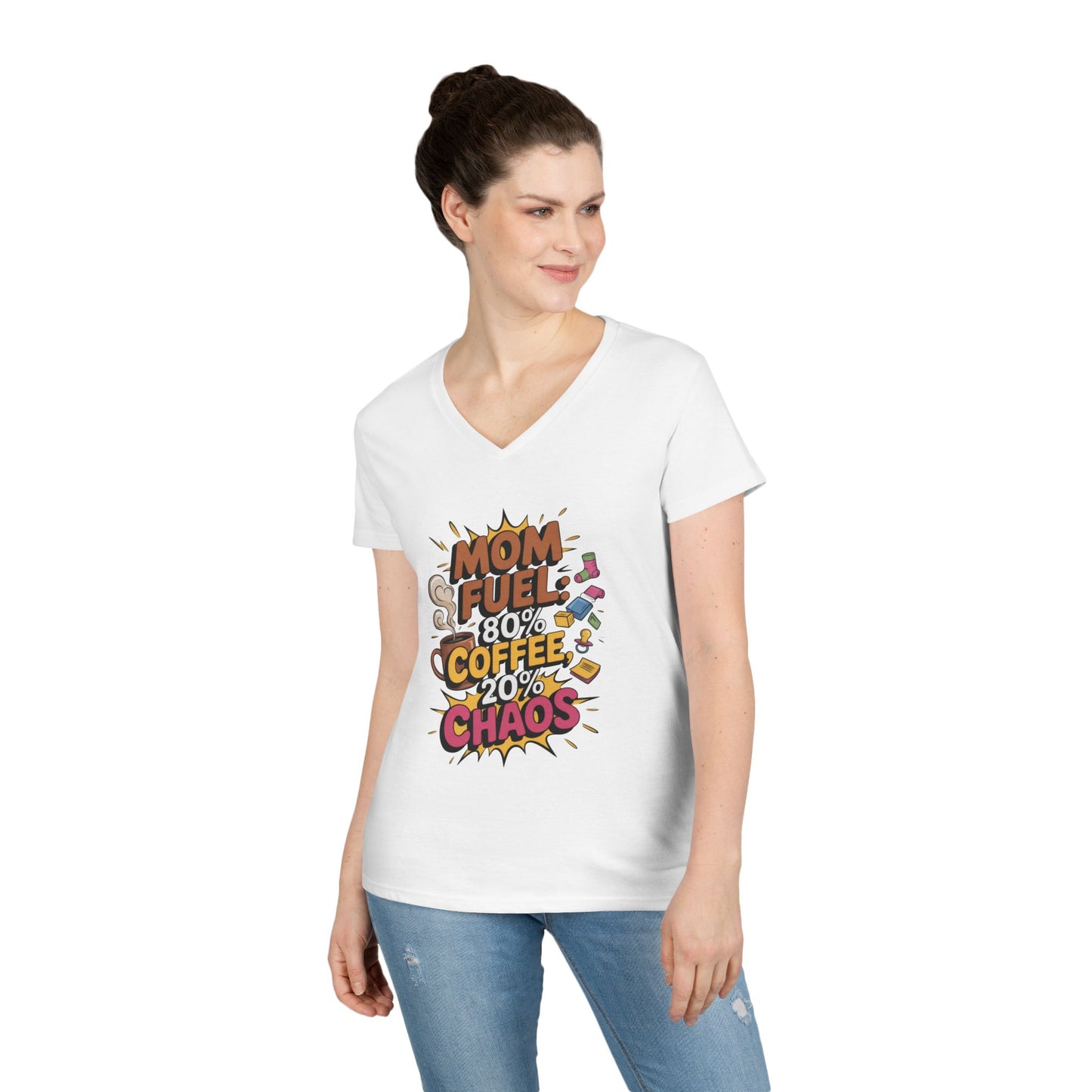 Mom Fuel V-Neck T-Shirt, Funny Gift for Moms, Coffee Lovers, Mother's Day, Everyday Humor, Tired Mom Life Tee, Coffee Loving Moms
