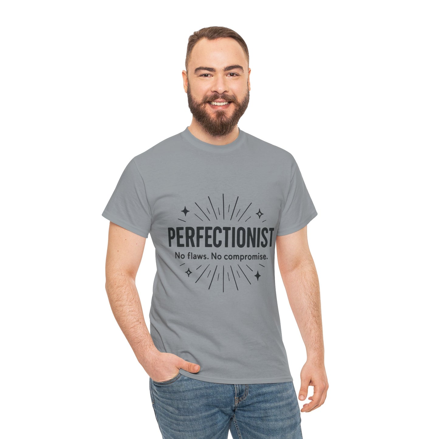 Mens Perfectionist T-Shirt, No Flaws No Compromise, Minimal Bold Graphic Tee, Gift for OCD, Clean Freak, or Detail-Oriented Men
