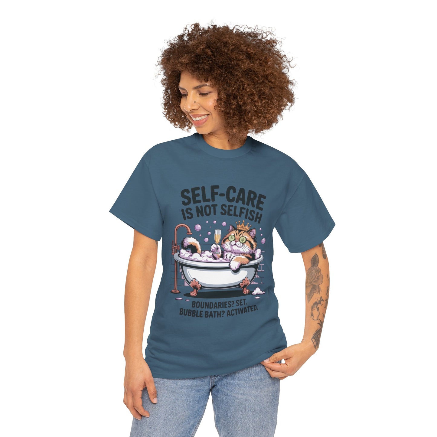 Womens Heavy Cotton Tee, Self-Care Cat Shirt, Funny Cat Bubble Bath Tee, Relaxing Kitty Graphic, Self Care Is Not Selfish Womens T-Shirt