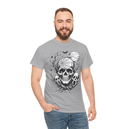 Men's Gothic Skull T-Shirt, Halloween Graphic Tee, Spider Web & Moon Horror Shirt, Spooky Skull Graphic Top for Him