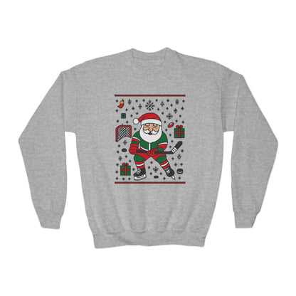 Hockey Santa Youth Christmas Sweatshirt, Funny Sports Holiday Jumper for Boys