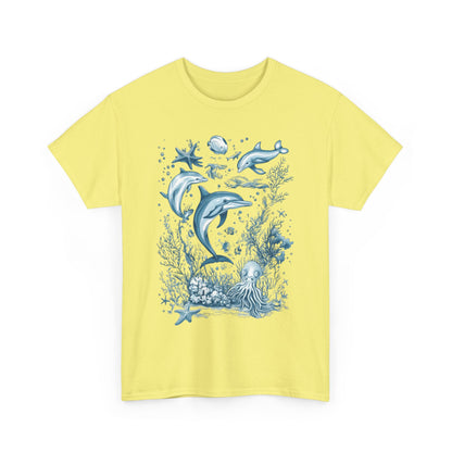Ocean Life Dolphin T-Shirt, Women's Cotton Tee with Underwater Sea Creatures, Marine Nature Gift Shirt, Perfect for Beach Lovers