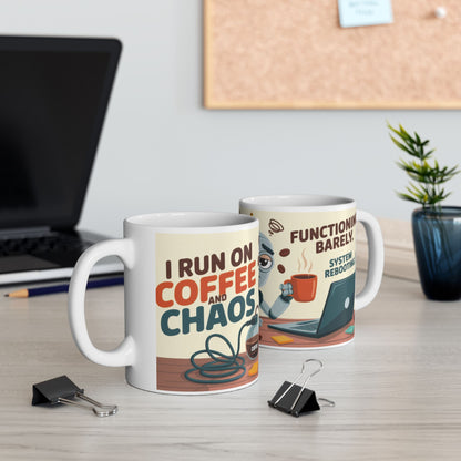 Funny Robot Coffee Mug, I Run on Coffee and Chaos, Tired Office Humor Cup, Lazy Tech Lover Gift, Gift for Coffee Lovers, Office Humor