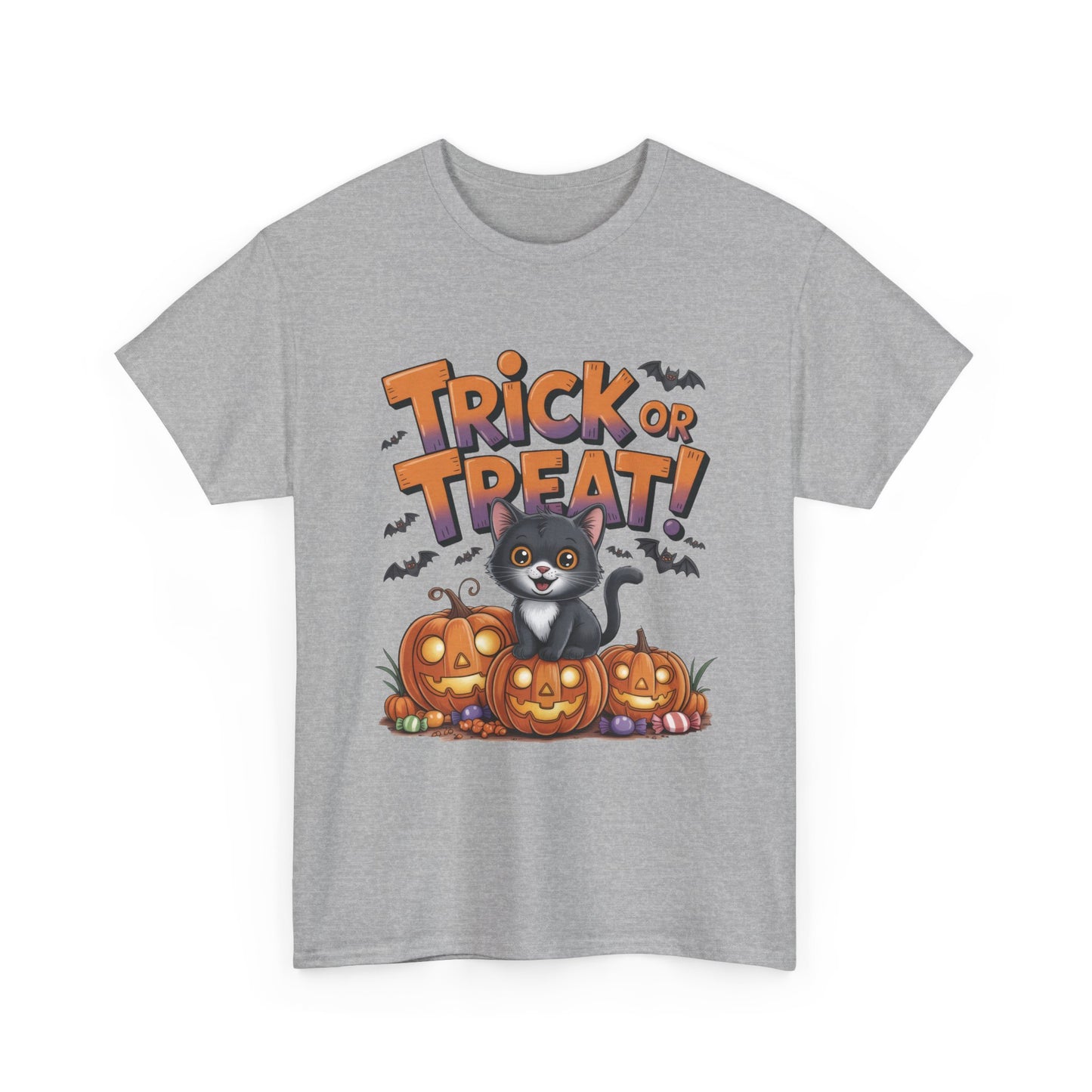 Cute Black Cat Trick or Treat Halloween T-Shirt for Women, Funny Pumpkin Cat Tee, Spooky Fall Shirt, Matching Family Halloween Shirts