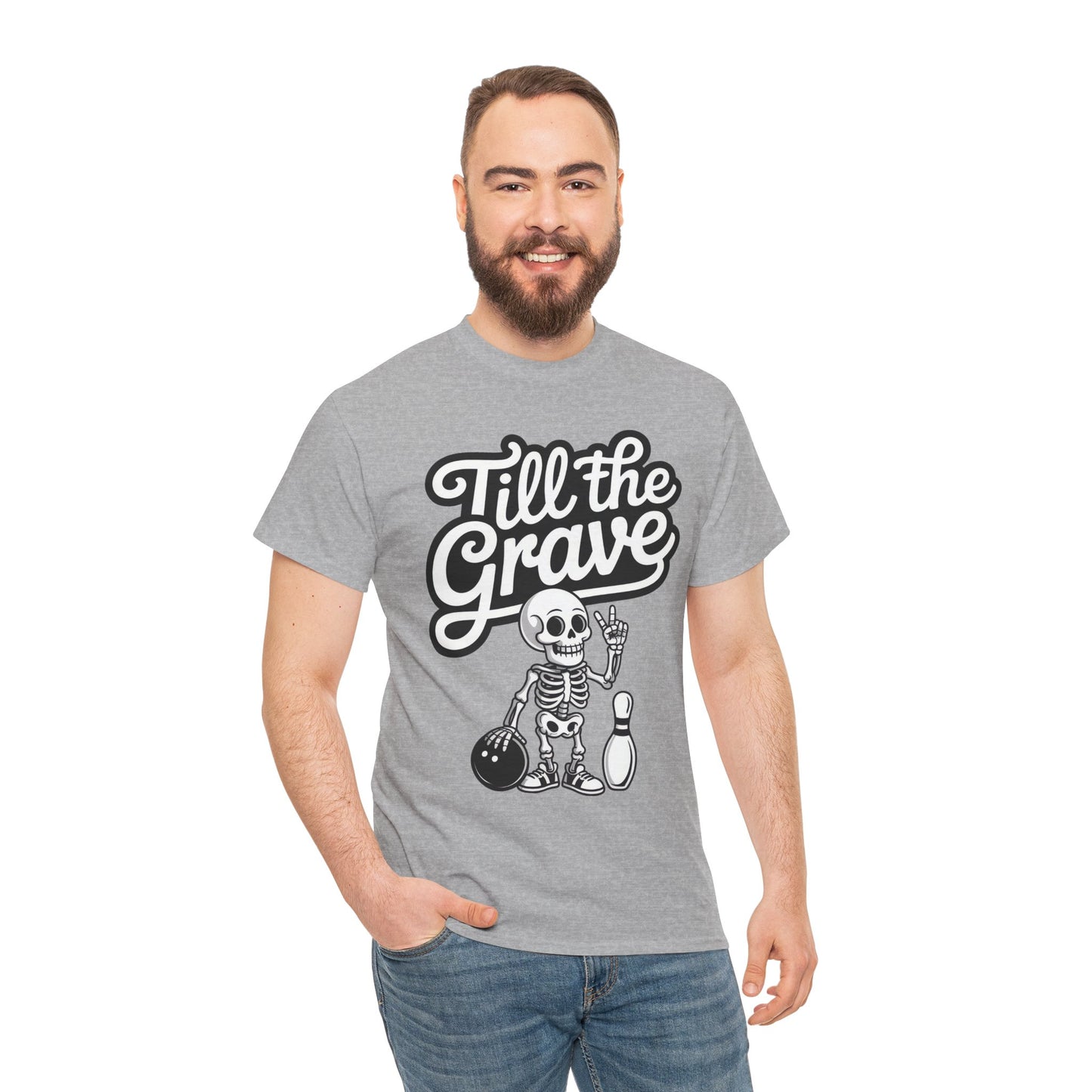 Skeleton Bowling Graphic Tee, Mens Heavy Cotton Tee, Funny Halloween Shirt, Gift for Bowlers, Retro Style Apparel, Casual Wear