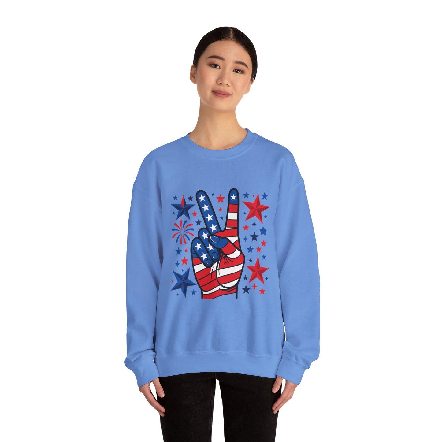 Patriotic Peace Crewneck Sweatshirt - Unisex Heavy Blend, 4th of July Clothing, Peace Sign Design, Casual Wear, Gift for Him/Her