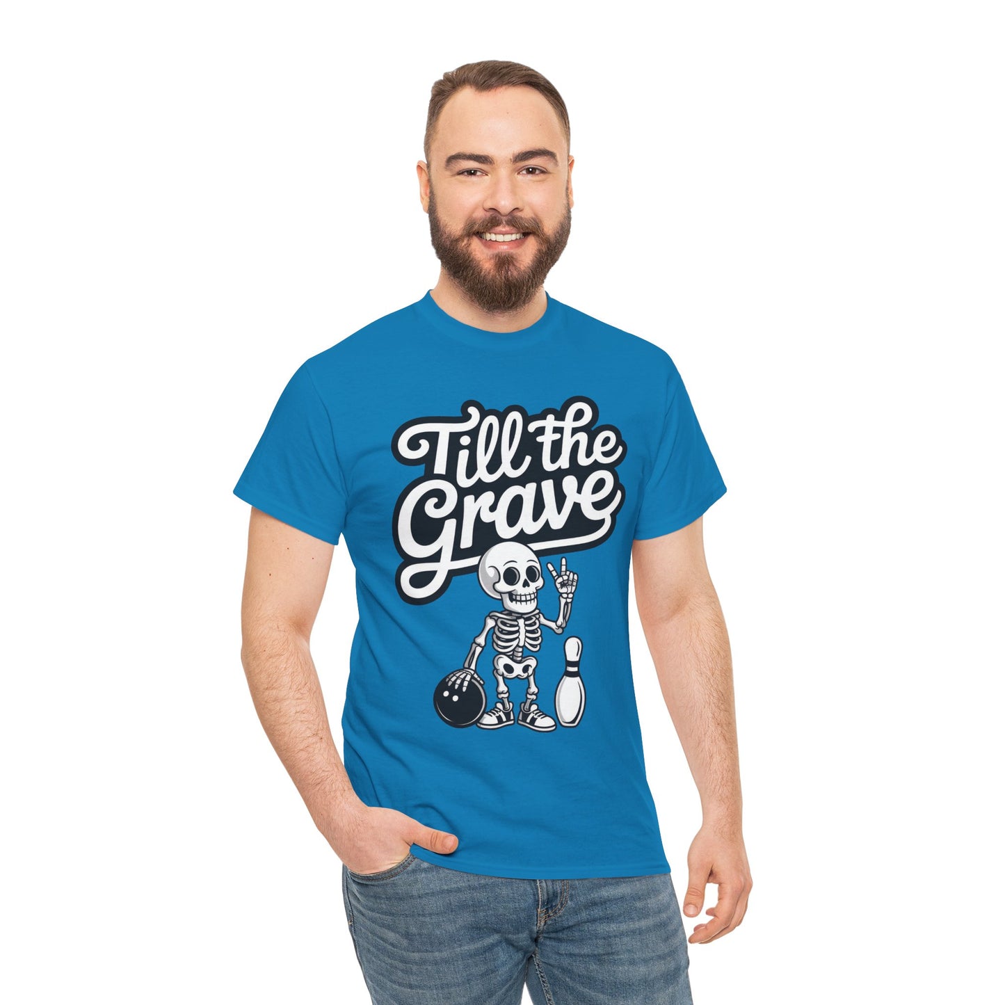 Skeleton Bowling Graphic Tee, Mens Heavy Cotton Tee, Funny Halloween Shirt, Gift for Bowlers, Retro Style Apparel, Casual Wear
