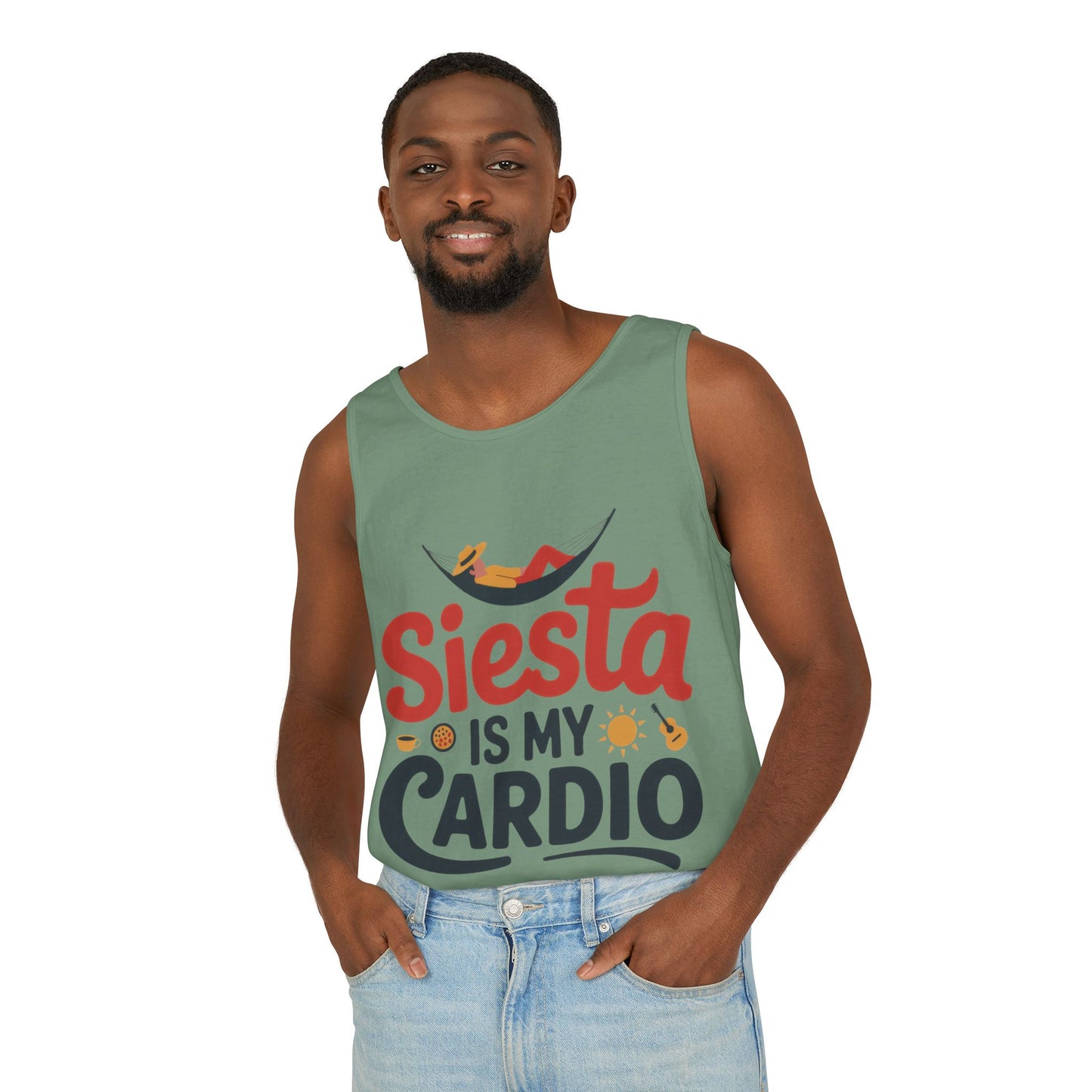 Mens Garment-Dyed Tank Top, Siesta Is My Cardio Funny Mens Tank Top Spain Humor