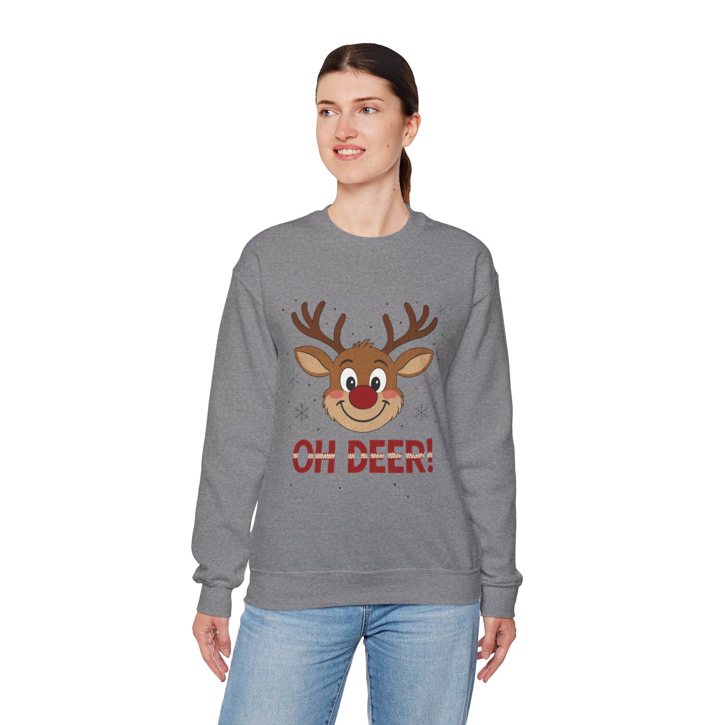 Womens Oh Deer Christmas Sweatshirt, Cute Reindeer Holiday Pullover, Women's Crewneck Sweatshirt