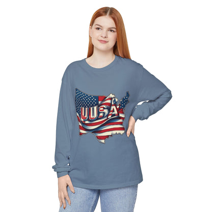 USA Flag Long Sleeve Tee, Unisex Garment-Dyed Shirt, Patriotic Top, All-American Apparel, Independence Day Style, Comfortable Casual Wear