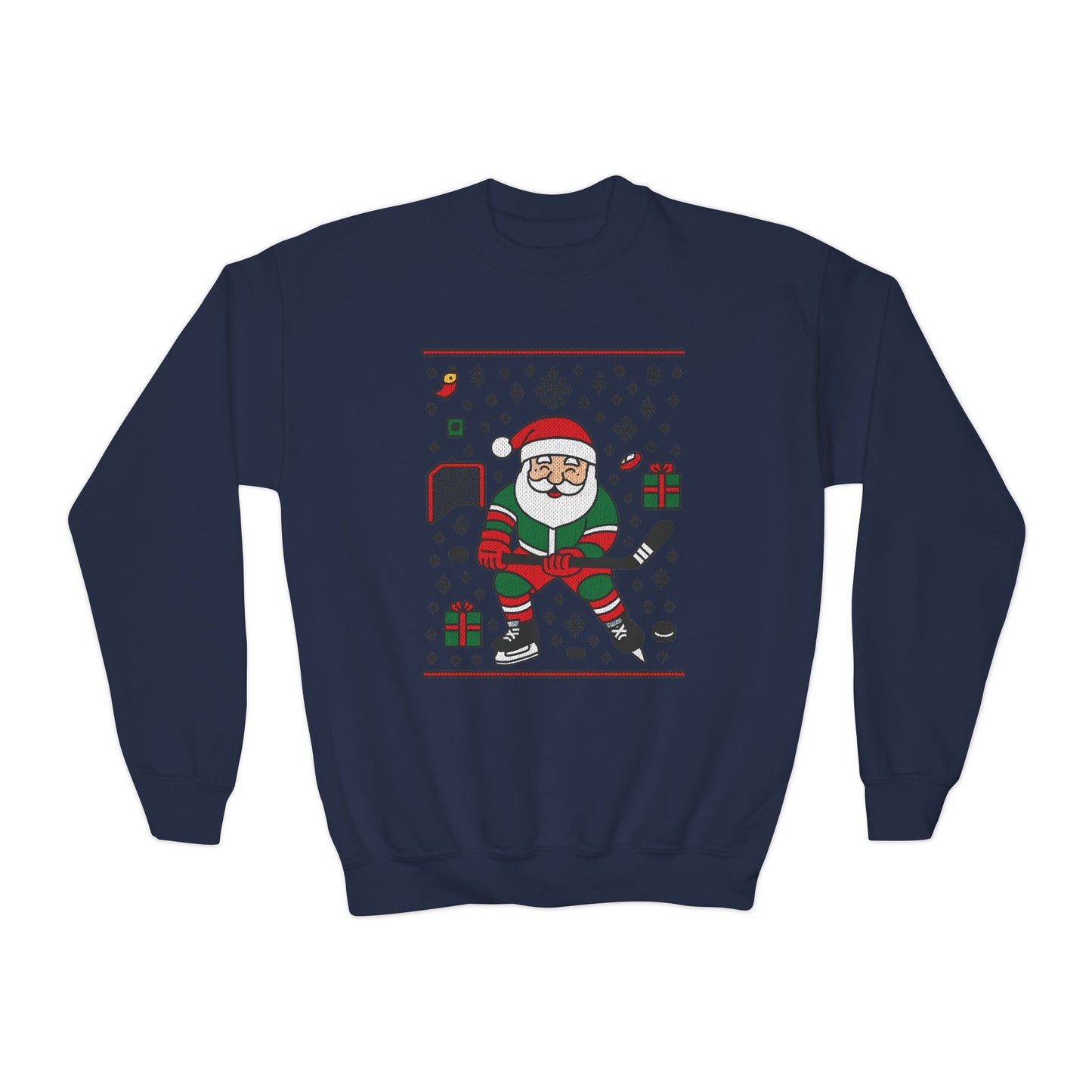 Hockey Santa Youth Christmas Sweatshirt, Funny Sports Holiday Jumper for Boys