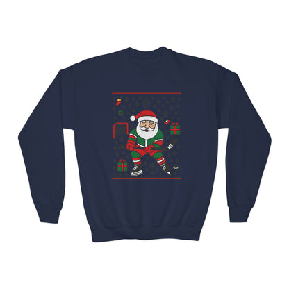 Hockey Santa Youth Christmas Sweatshirt, Funny Sports Holiday Jumper for Boys