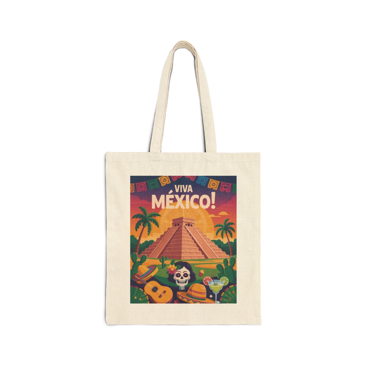 Viva Mexico Cotton Canvas Tote Bag, Eco-Friendly Grocery Bag, Bohemian Beach Bag, Travel Tote, Day of the Dead Gift