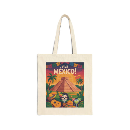 Viva Mexico Cotton Canvas Tote Bag, Eco-Friendly Grocery Bag, Bohemian Beach Bag, Travel Tote, Day of the Dead Gift