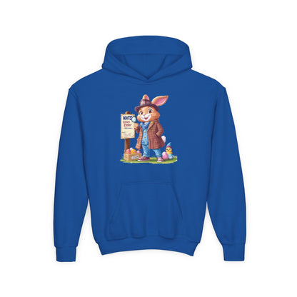 Detective Bunny Easter Hoodie for Kids - Fun Egg Hunt Youth Sweatshirt, Cute Spring Holiday Outfit, Cozy Hooded Gift for Boys & Girls