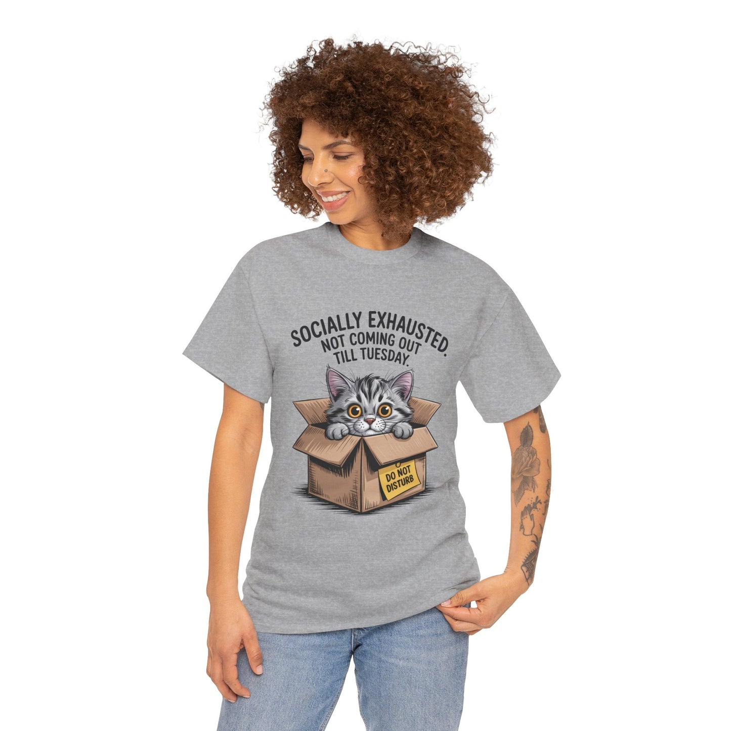 Socially Exhausted Cat Women's Tee, Funny Cat Shirt, Women's Graphic Tee, Gift for Introverts, Cute Animal T-Shirt, Weekend Wear