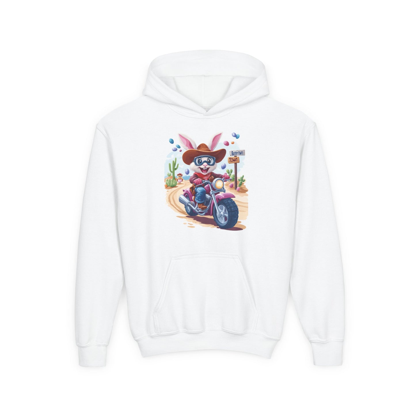 Easter Biker Bunny Youth Hoodie - Fun Spring Sweatshirt for Kids with Cute Motorcycle Bunny, Perfect for Easter & Holiday Gifting