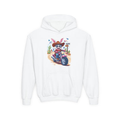 Easter Biker Bunny Youth Hoodie - Fun Spring Sweatshirt for Kids with Cute Motorcycle Bunny, Perfect for Easter & Holiday Gifting