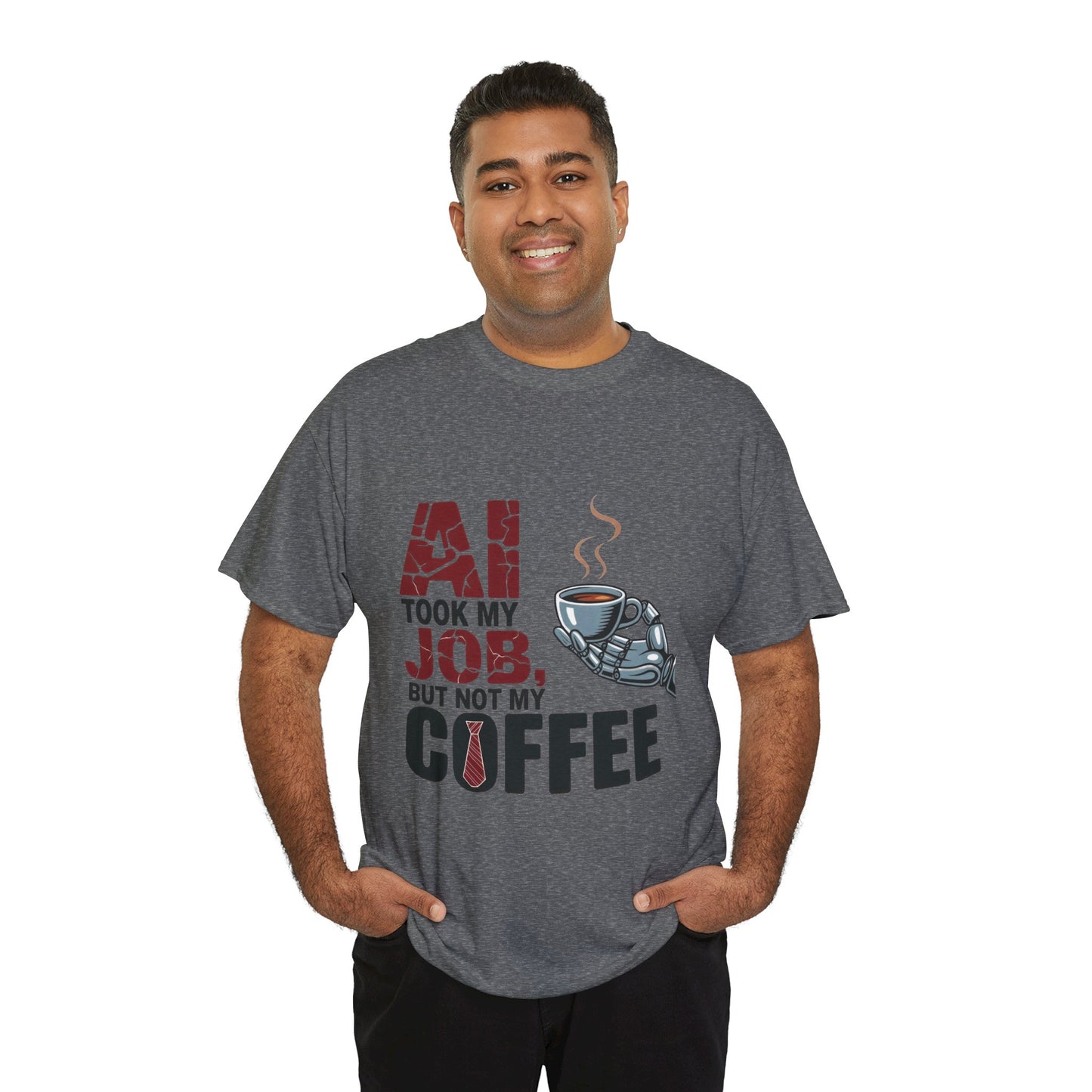 Men's AI Coffee T-Shirt, Funny Robot Humor Graphic Tee, Geek Job Joke Shirt for Him, Men's Heavy Cotton Tee, Sarcastic Work Shirt