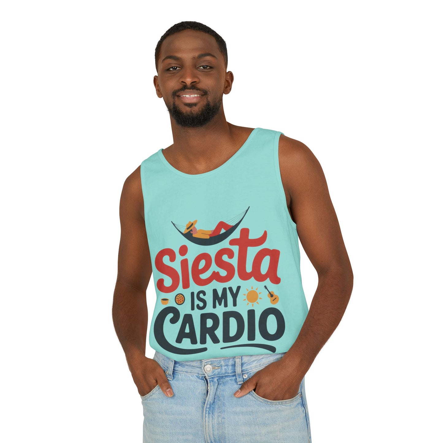 Mens Garment-Dyed Tank Top, Siesta Is My Cardio Funny Mens Tank Top Spain Humor