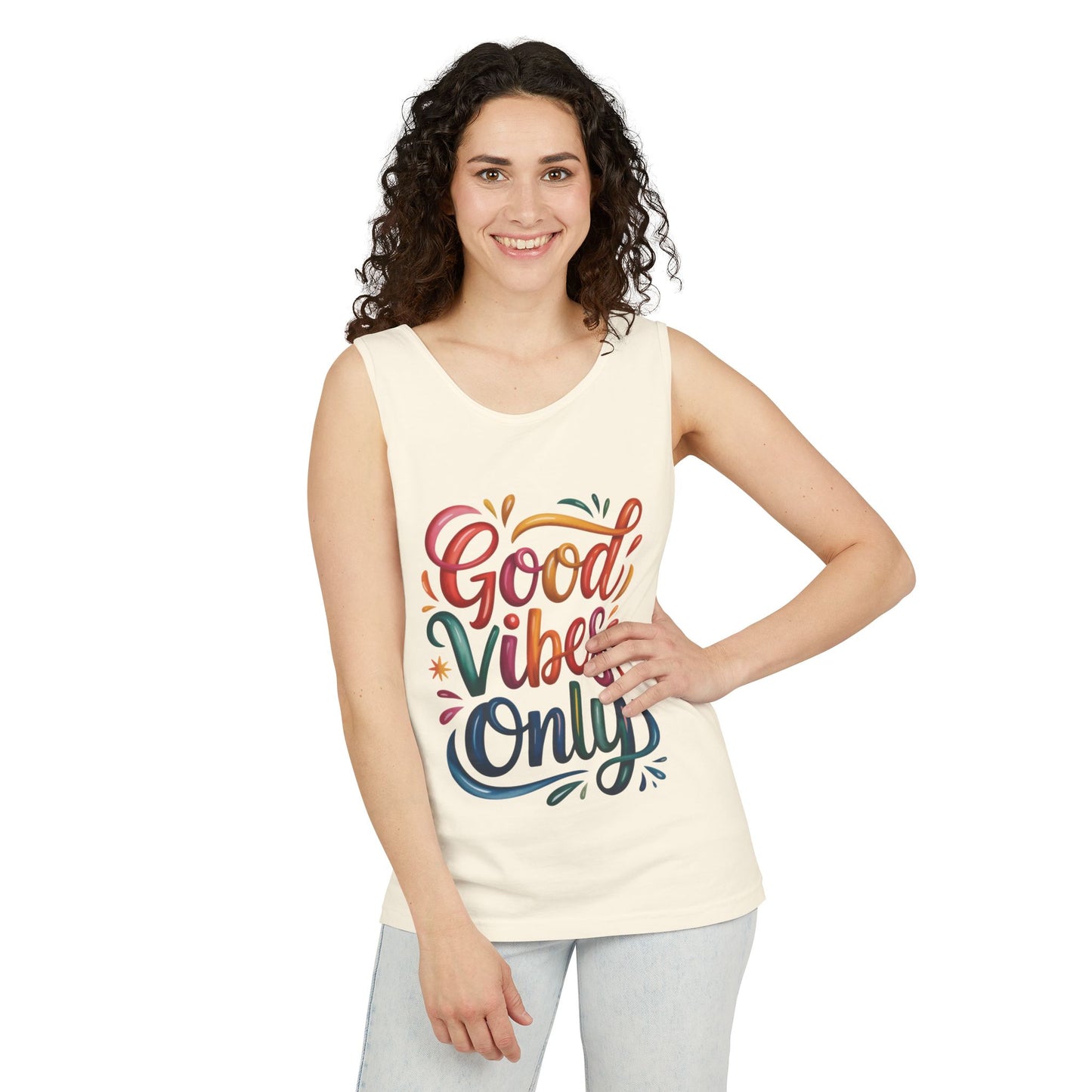 Good Vibes Only Unisex Garment-Dyed Tank Top, Summer Casual Wear, Festival Outfit, Beach Day Tee, Gift for Friends, Positive Vibes Apparel
