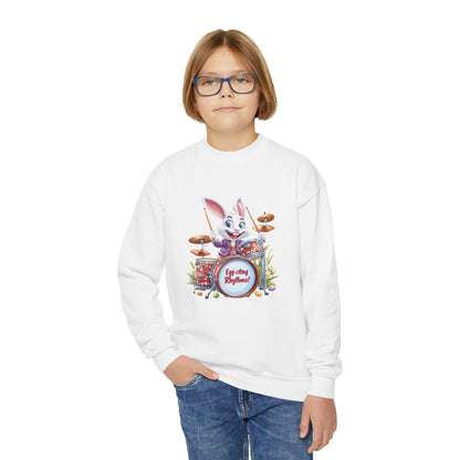 Easter Bunny Drummer Kids Sweatshirt - Cute Spring Crewneck for Children, Fun Easter Gift Colorful Bunny Playing Drums Design