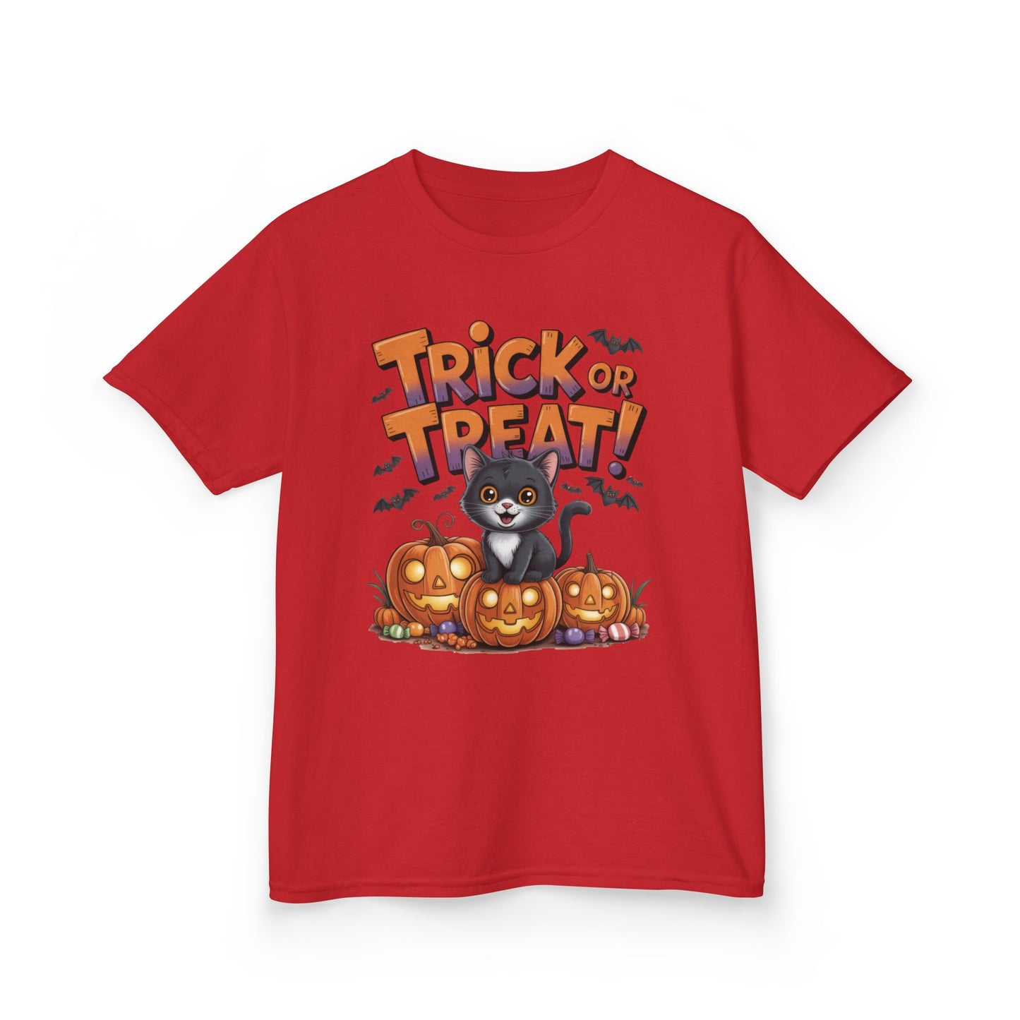 Girls Cute Black Cat Trick or Treat Halloween T-Shirt, Funny Pumpkin Cat Tee, Spooky Fall Shirt for Kids, Matching Family Halloween Shirts